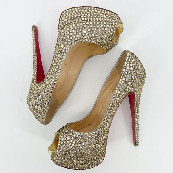 Christian Louboutin Gold Lady Peep 150 Ring Strass Platform Peep Toe Pump EU 37 - Picture 6 of 14